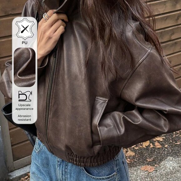 Brown Casual Womens Short faux Leather Jacket - Picture 7 of 7